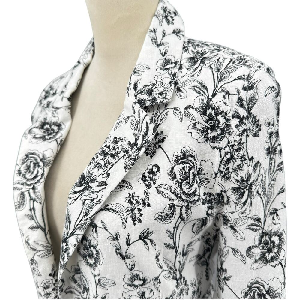 Joie Black & White Floral Print 100 Linen Longline Business Casual Blazer Jacket - Picture 5 of 12